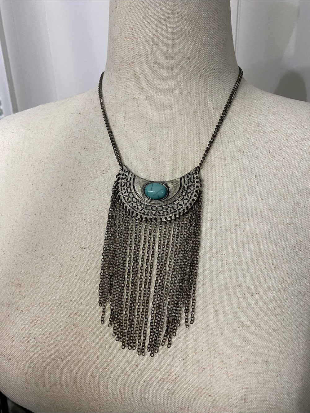 Boho Turquoise Fringe Pendant Necklace - Silver Tone